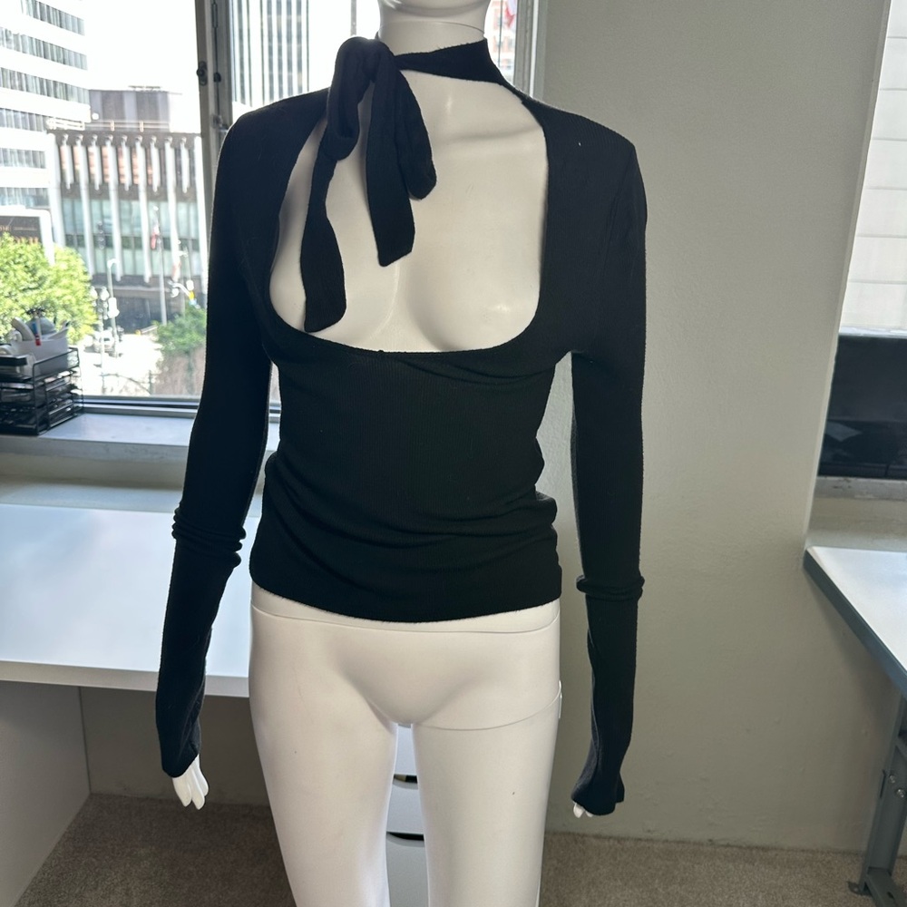 Brandy Melville Black Long-Sleeve Cutout Tie-Neck Top